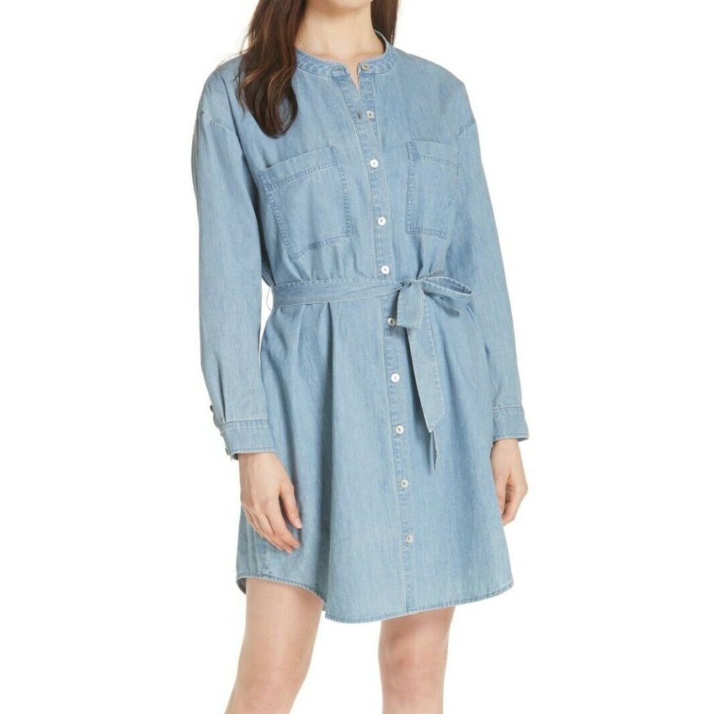 Eileen Fisher Bluestar Organic Cotton Shirt Dress With Tie Medium